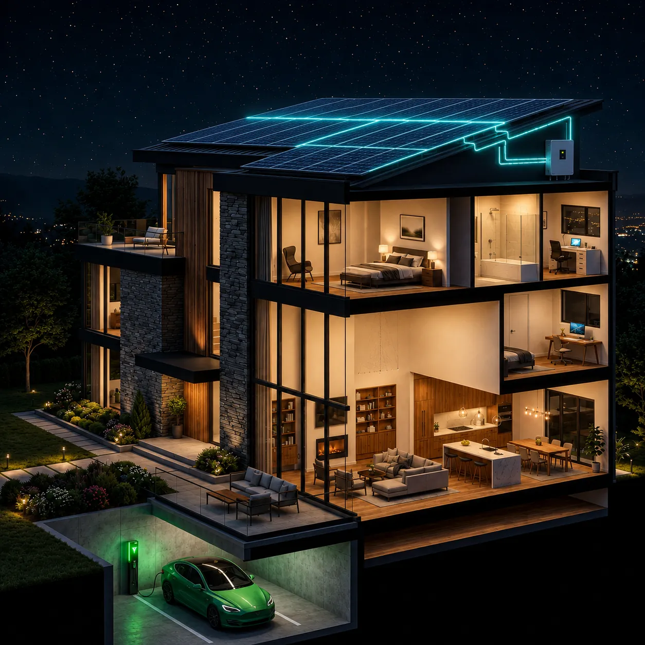 3D Solar house visualization showing on-grid and hybrid energy flow